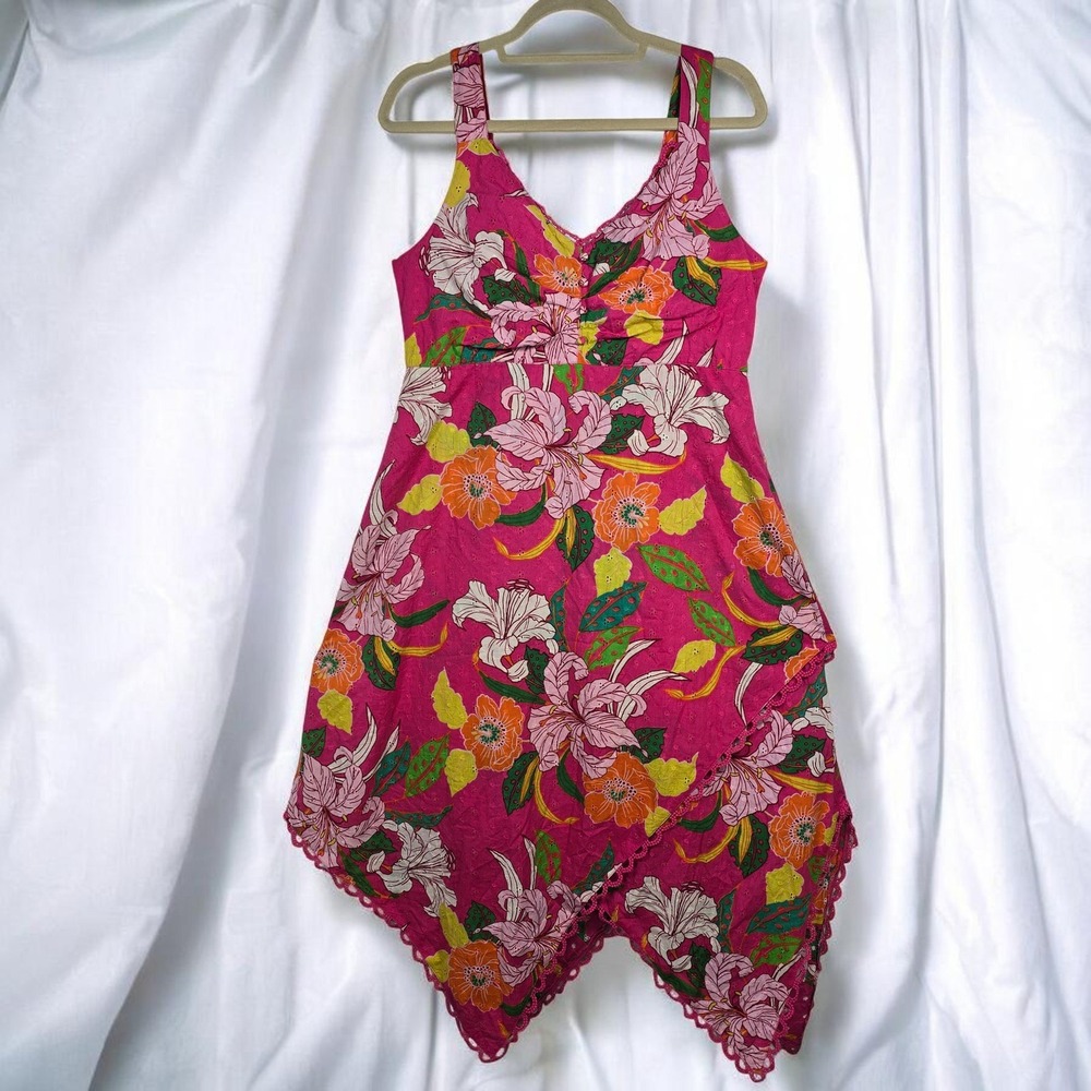 Susan Graver Sundress Women Small Pink Floral Asymmetrical Hem Midi Boho Artsy